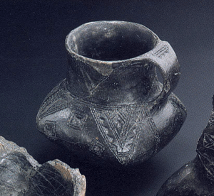 Okrašen vrč z Dežmanovih kolišč na Igu (vir. https://www.nms.si/si/razstave/768-Najstarejse-zgodbe-s-sticisca-svetov)